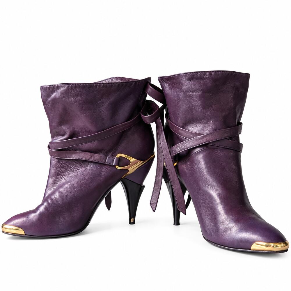 Vintage Purple Genuine Leather Slouch Ankle Boots Gold Toe Cap Wrap Tie EU 40